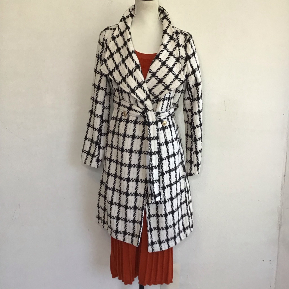 Solitaire Women Black White Houndstooth Trench Coat L